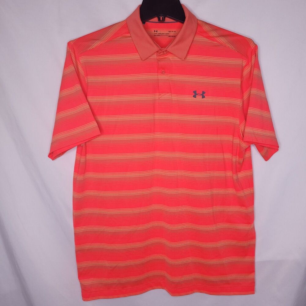 Under Armour Polo Shirt Mens Large Striped Red Neon HeatGear